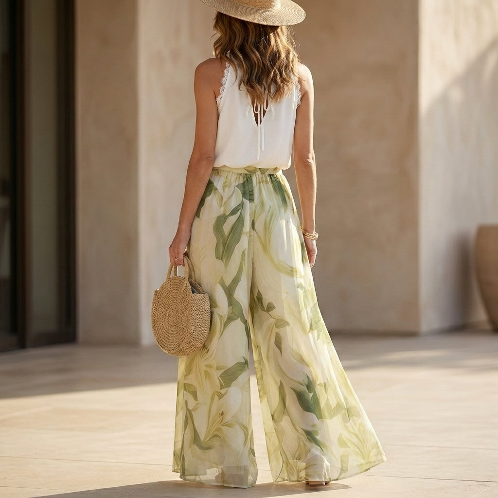 Duttini | Romantic Seaside Halter Top And Flowing Palazzo Pants Resort Set