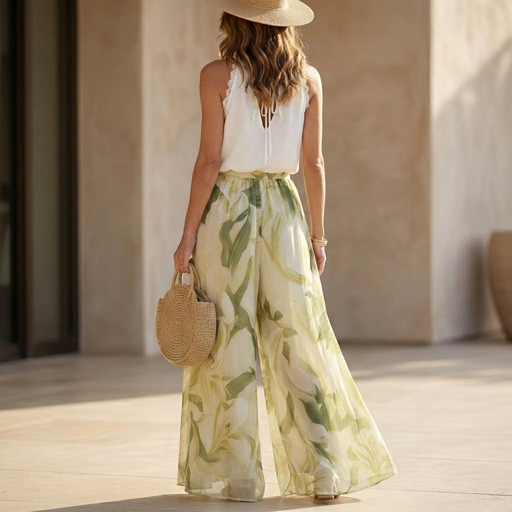 Duttini | Romantic Seaside Halter Top And Flowing Palazzo Pants Resort Set