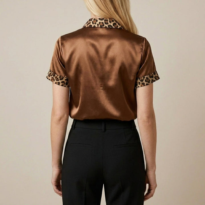 Duttini | Sculpted Leopard Trim Satin Button-Front Statement Blouse