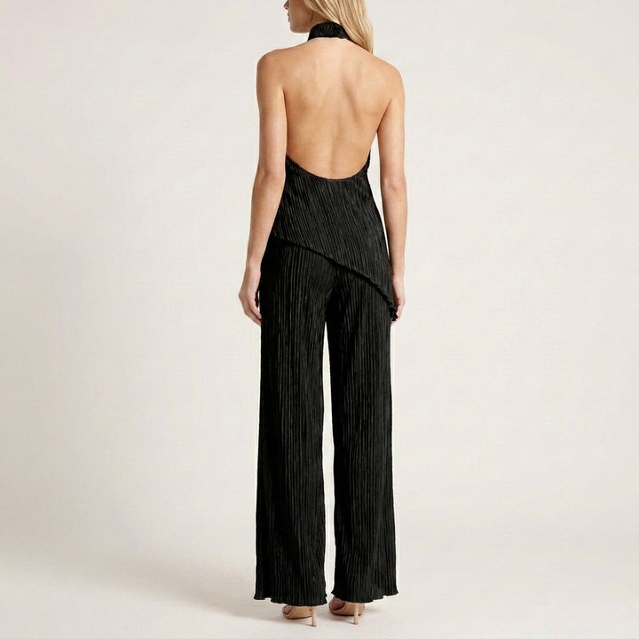 Duttini | Sophisticated Celeste Pleated Halter Top And Wide-Leg Pant Set