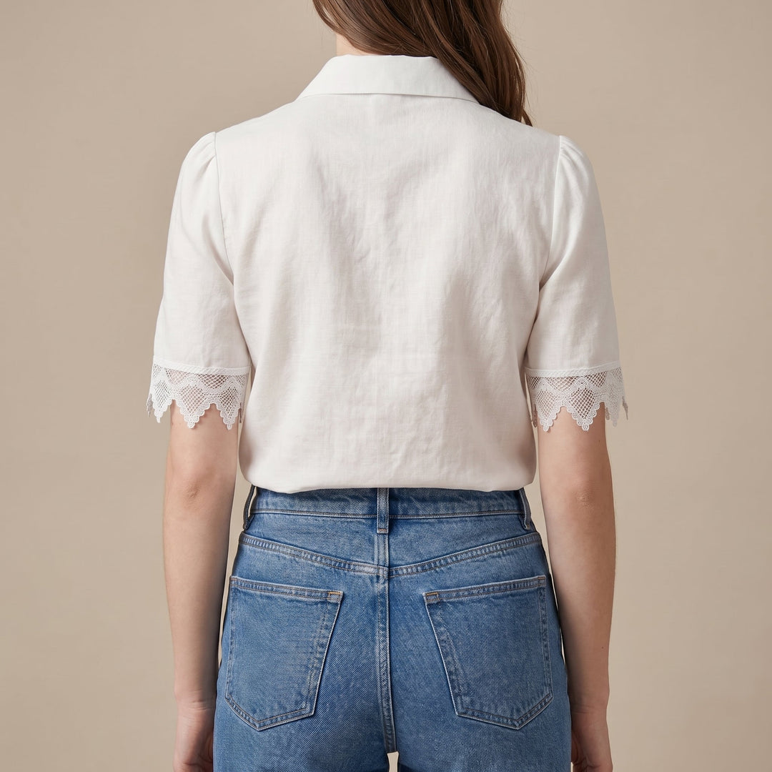 Duttini | Refined Tailored Short-Sleeve Lace-Trimmed Blouse With Scalloped Details