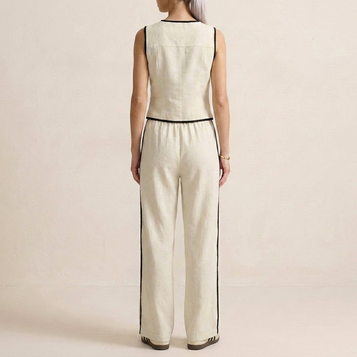 Duttini | Elegant Contrast Trim Two-Piece Set With Relaxed Wide-Leg Pants And Top