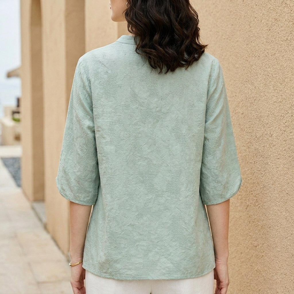 Duttini | Elegant Embroidered Notch Neck Relaxed Everyday Blouse
