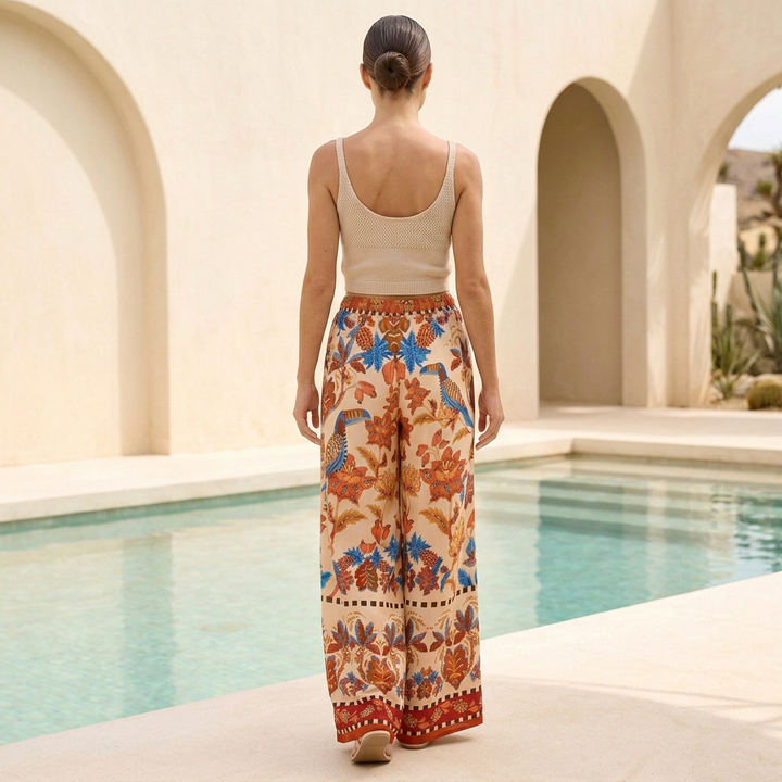 Duttini | Graceful Bohemian-Inspired Flowing Wide-Leg Pants With High Waist And Border Detail