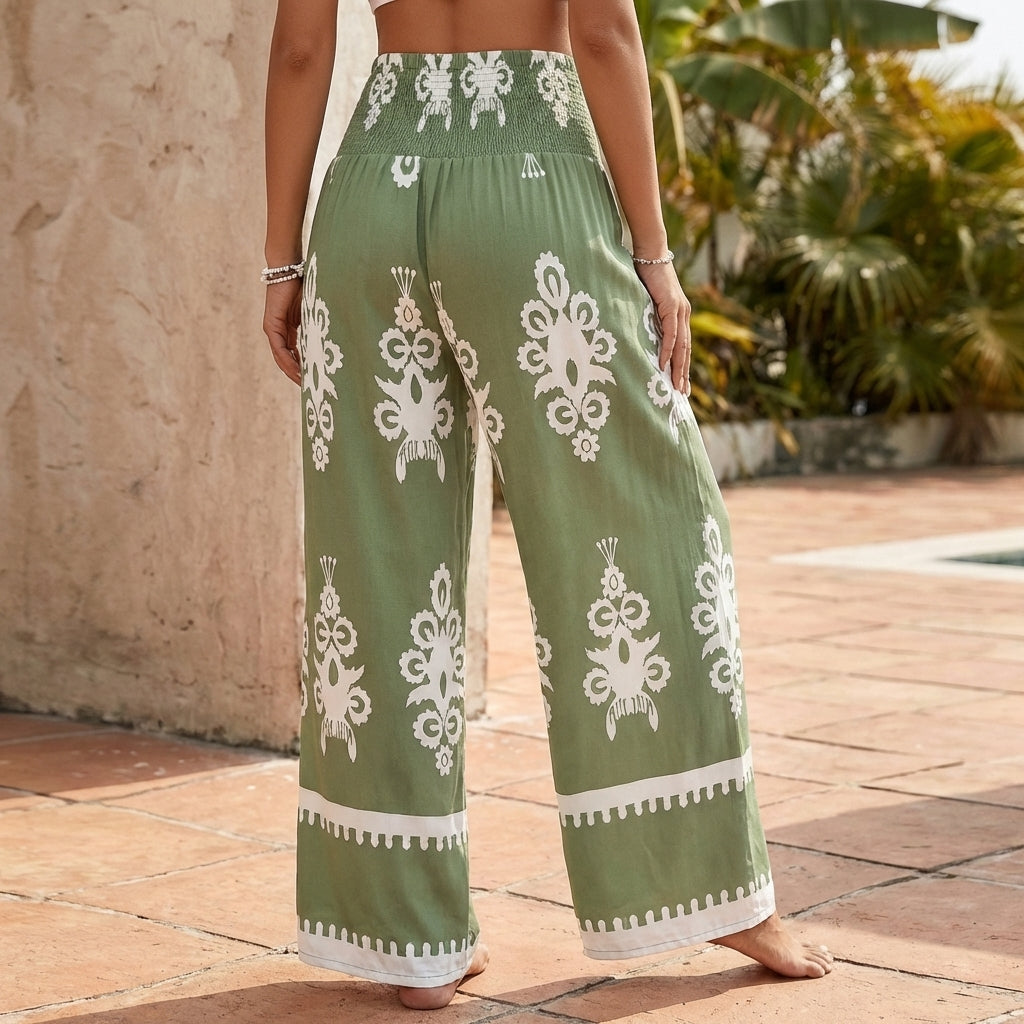 Duttini | Elegant Bohemian-Inspired Flowing Wide-Leg Pants With Ornate Gathered Waist And Decorative Hem