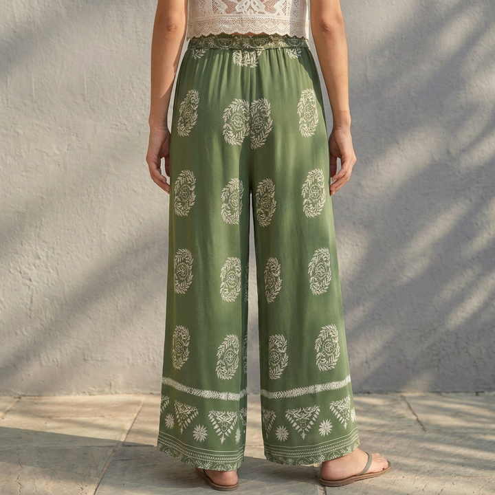 Duttini | Flowing Wide-Leg Floral & Geometric Patterned Ankle-Length Pants