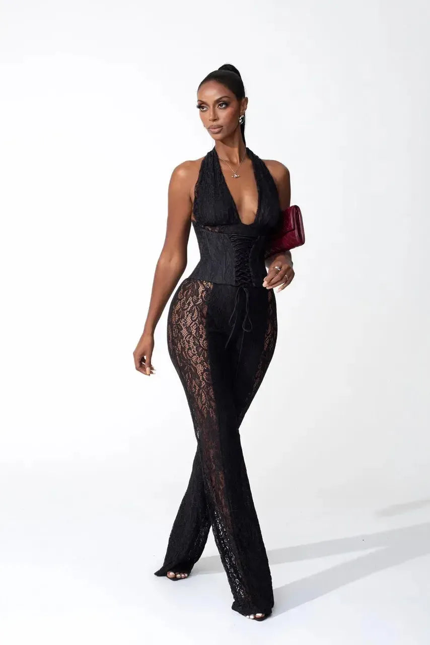 Duttini | Halter Neckline Lace Jumpsuit