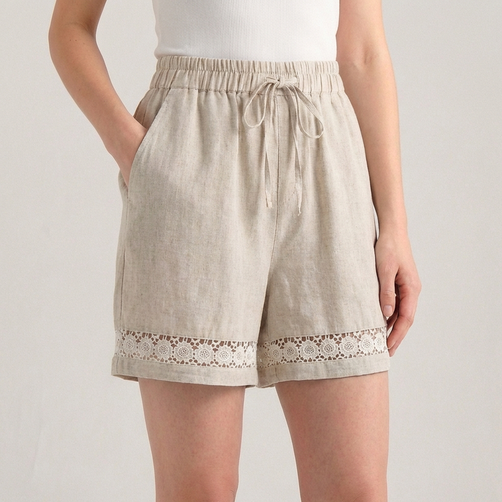 Duttini | Modern Wide-Leg Mini Shorts With Delicate Lace Hem And Drawstring Waist