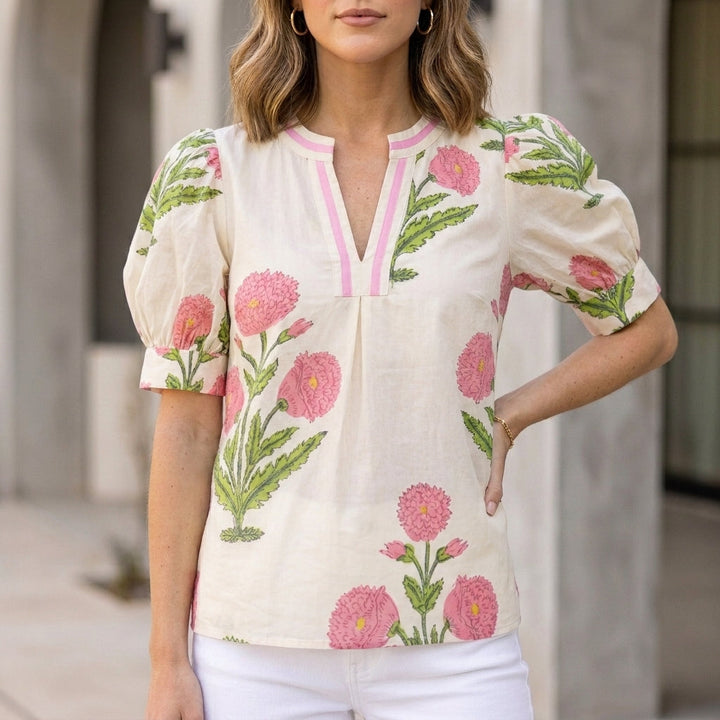 Duttini | Timeless Structured Woven V-Neck Blouse With Botanical Print And Puff Sleeves