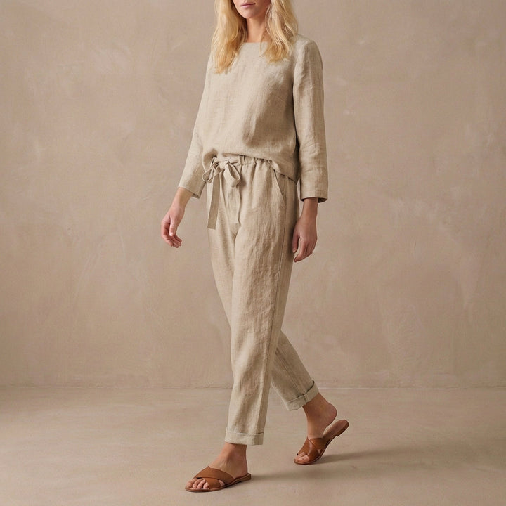 Duttini | Luxe Relaxed Linen Two-Piece Set With Boat Neck Blouse And Drawstring Pants