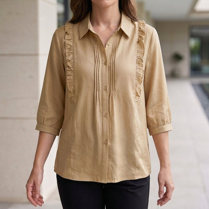 Duttini | Flowing Ruffle Detail Button-Up Blouse With Relaxed Elegant Fit