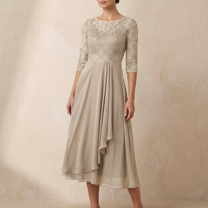 Duttini | Elegant Embroidered A-Line Midi Dress With Sheer Sleeves And Pockets