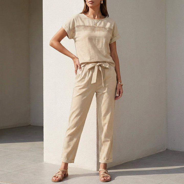 Duttini | Lightweight Woven Two-Piece Set With Mesh Accents And Self-Tie Waist