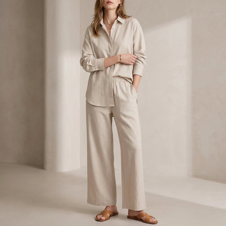 Duttini | Flowing Relaxed Two-Piece Woven Shirt And Wide-Leg Trousers Set