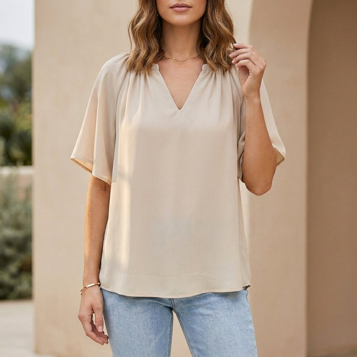 Duttini | Sculpted Relaxed V-Neck Blouse With Gathered Neckline And Flutter Sleeves