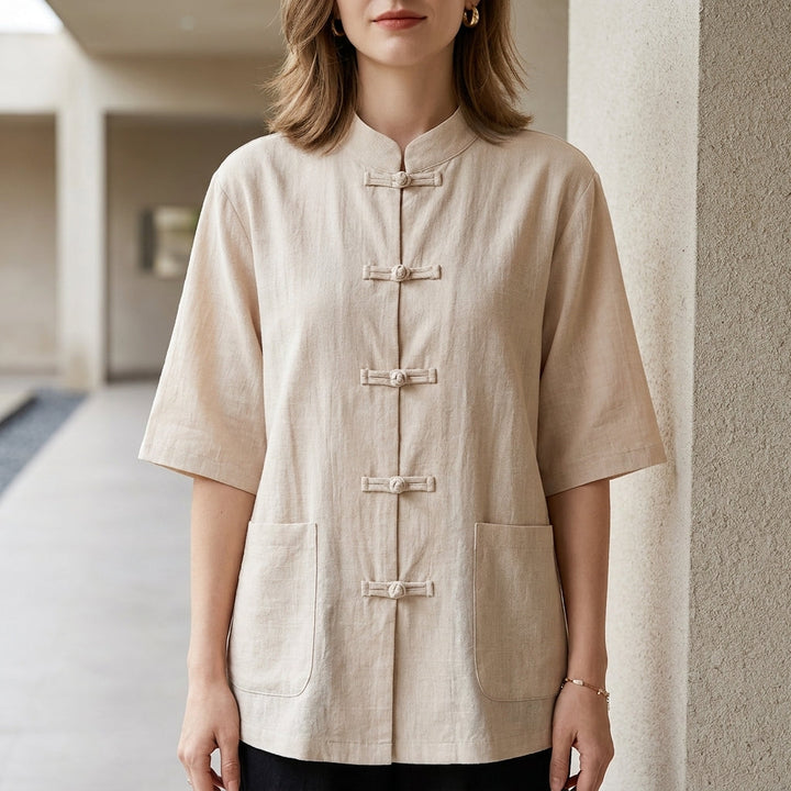 Duttini | Graceful Minimalist Mandarin Collar Blouse With Elegant Knot Button Detail