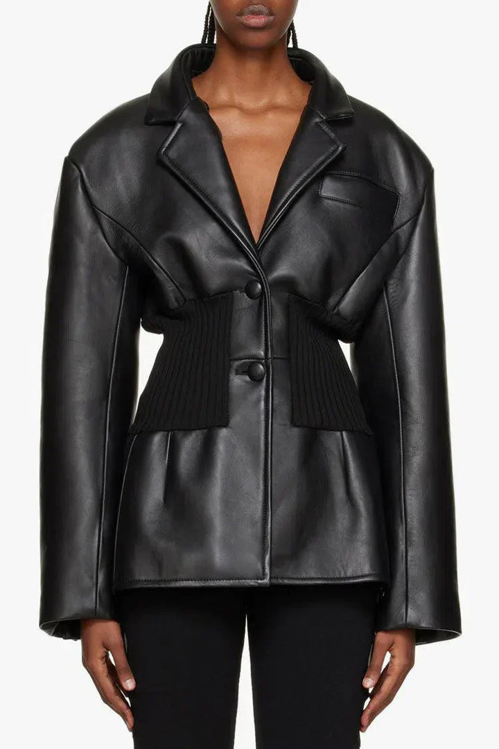 Duttini | Ribbed Knit Panels Faux Leather Jacket