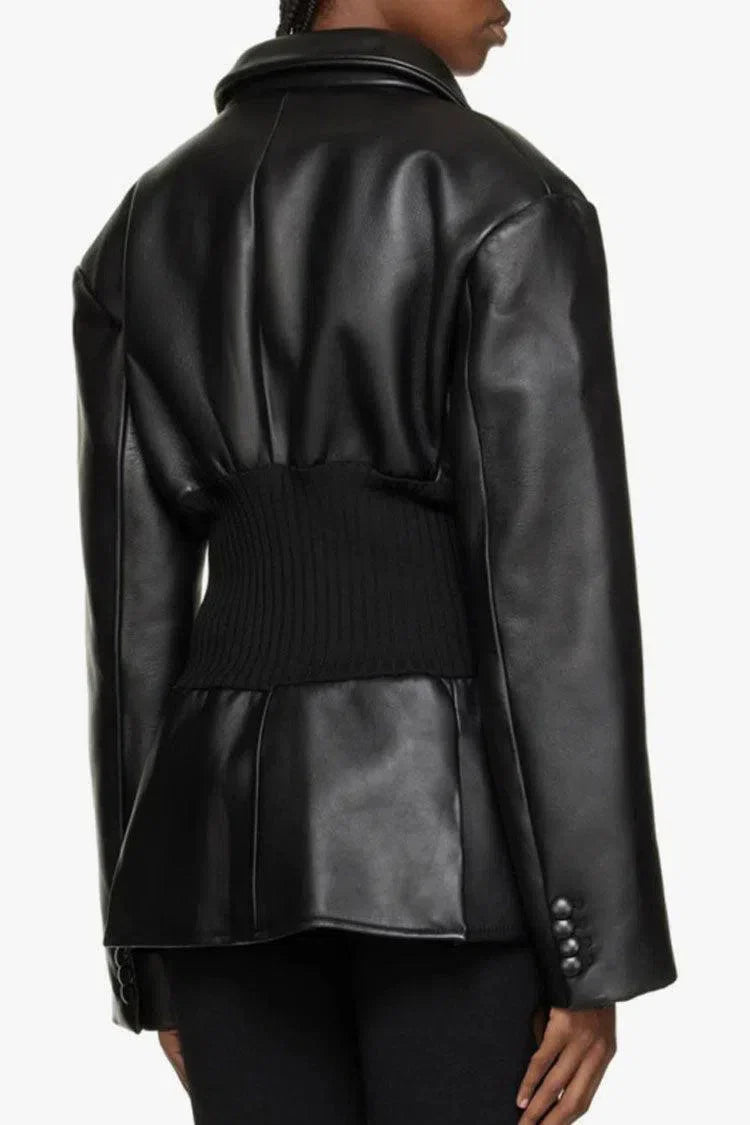 Duttini | Ribbed Knit Panels Faux Leather Jacket