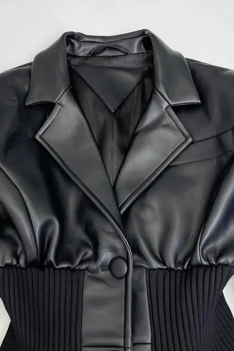 Duttini | Ribbed Knit Panels Faux Leather Jacket