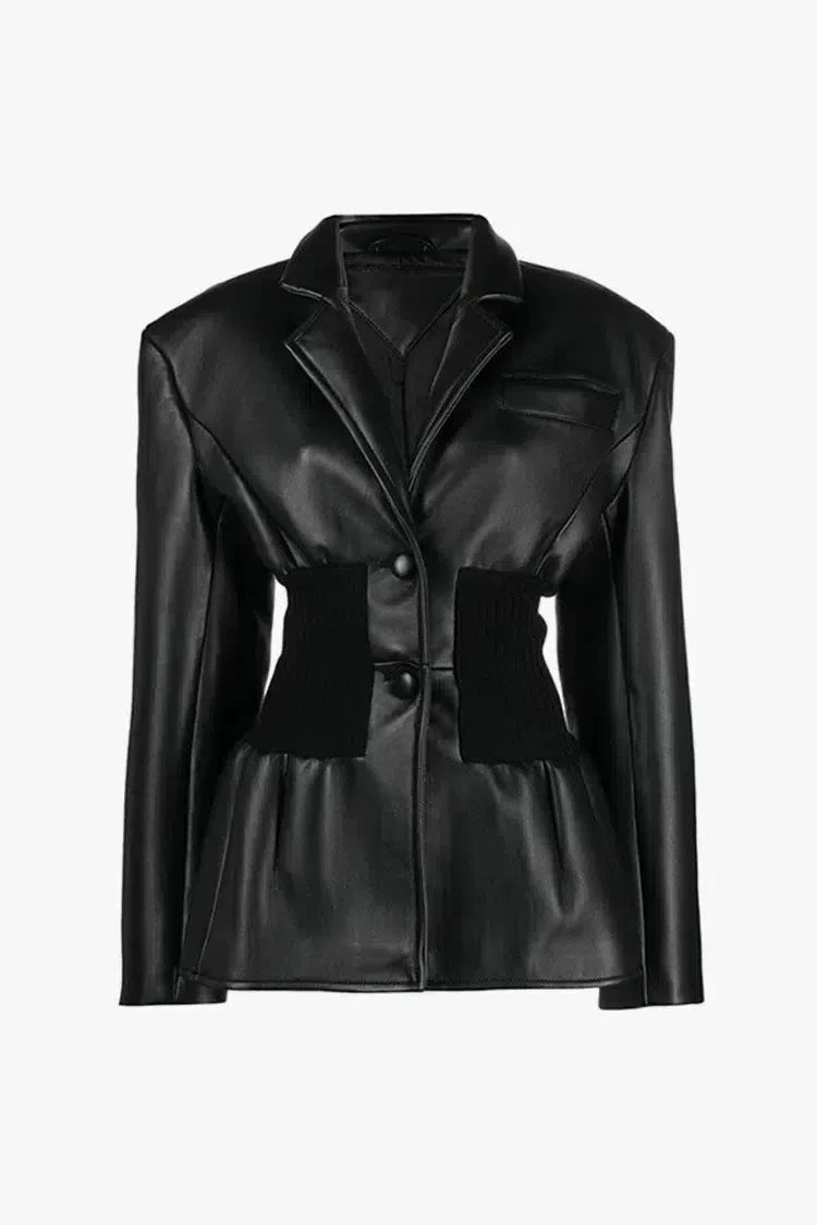 Duttini | Ribbed Knit Panels Faux Leather Jacket