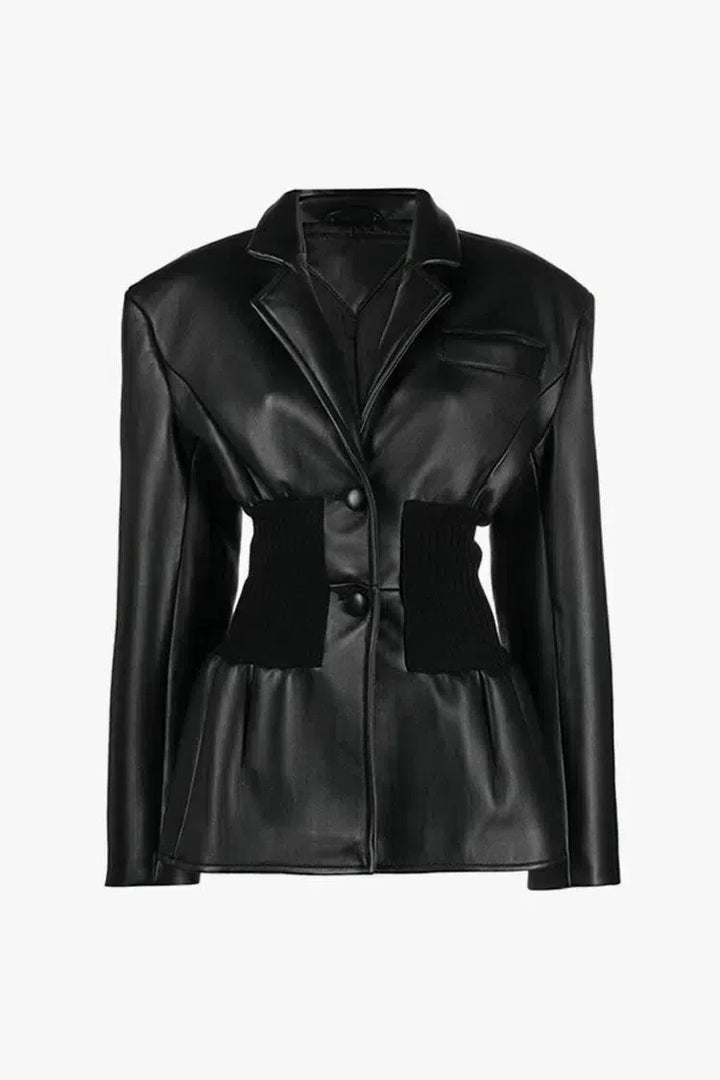 Duttini | Ribbed Knit Panels Faux Leather Jacket