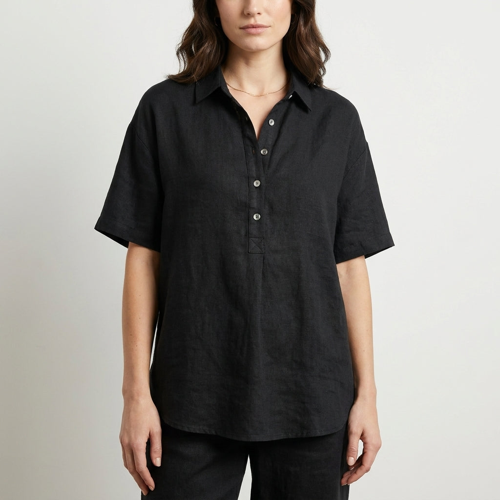 Duttini | Elegant Relaxed Button Front Collared Short Sleeve Blouse