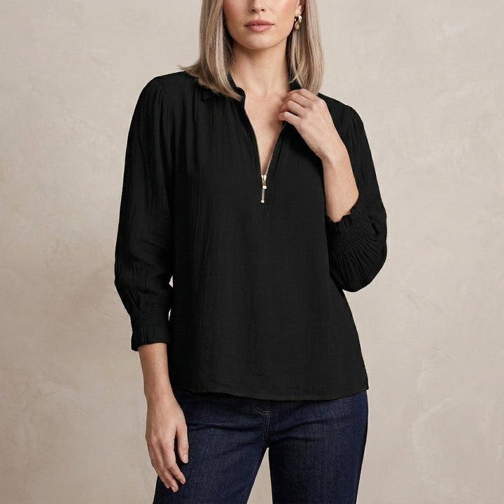 Duttini | Chic Relaxed Fit Half-Zip Pullover Blouse With Gathered Shoulders