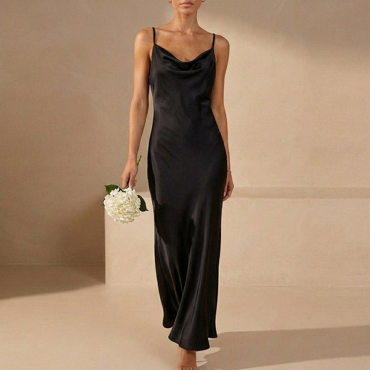 Duttini | Sophisticated Satin Fitted Cowl Neck Maxi Dress With Spaghetti Straps For Evenings
