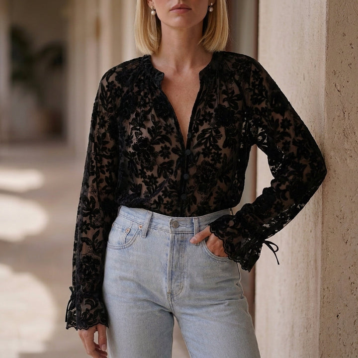 Duttini | Romantic Floral Lace Button-Front Blouse With Flared Sleeves