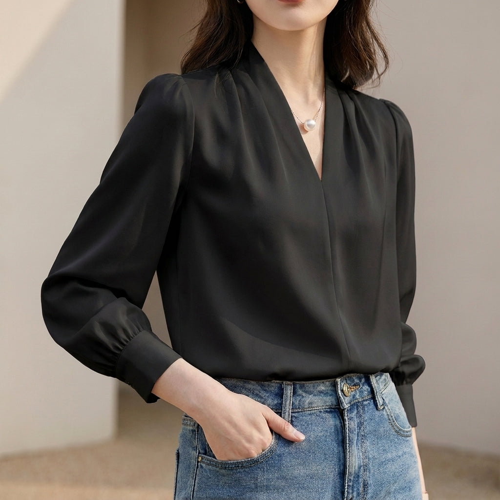 Duttini | Sophisticated Tailored V-Neck Puff Sleeve Blouse With Pleated Shoulders