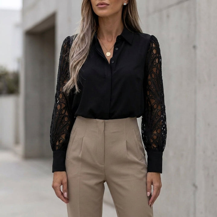 Duttini | Flowing Tailored Lace-Spliced Button-Down Blouse With Textured Sleeves