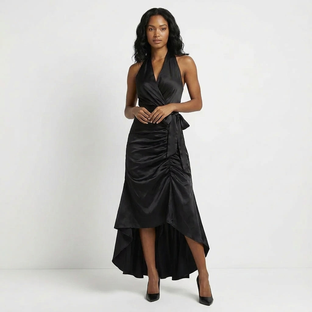 Duttini | Flowing Satin Halter Neck Wrap Maxi Dress With Bow Tie Waist And Ruffled Hem