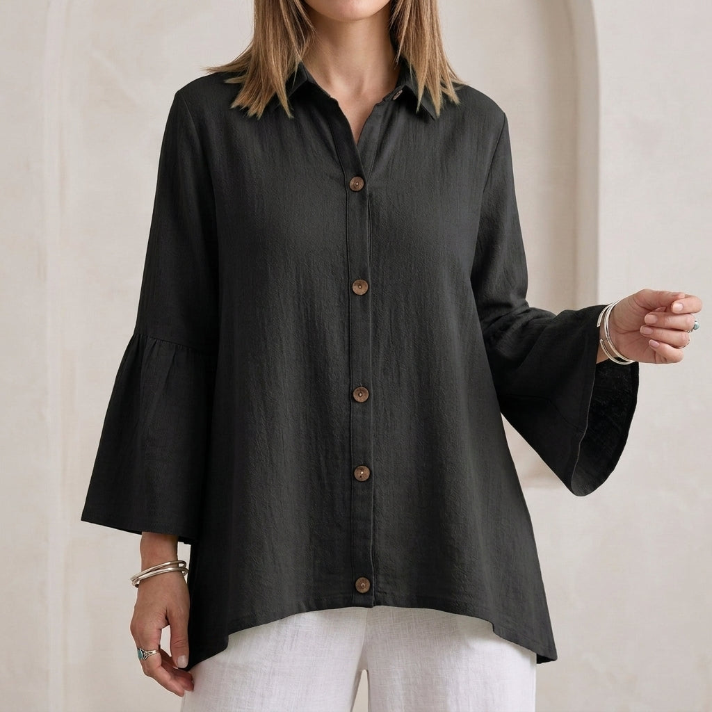 Duttini | Feminine Relaxed Fit Textured Button-Down Blouse With Flared Bell Sleeves