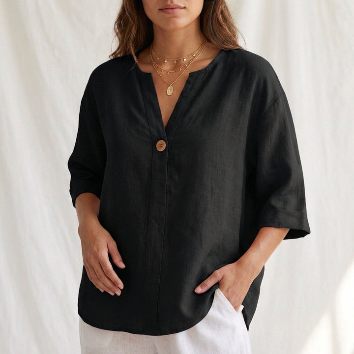 Duttini | Flowing Cotton Linen V-Neck Blouse With Button Front And Cuffed Sleeves