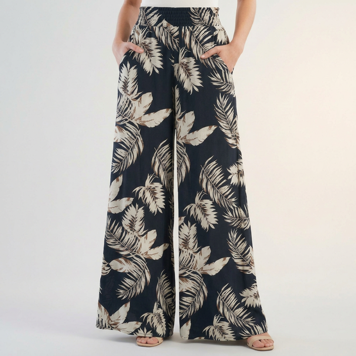 Duttini | Flowing Tropical Leaf Print Palazzo Pants With Ruched Waist And Pockets