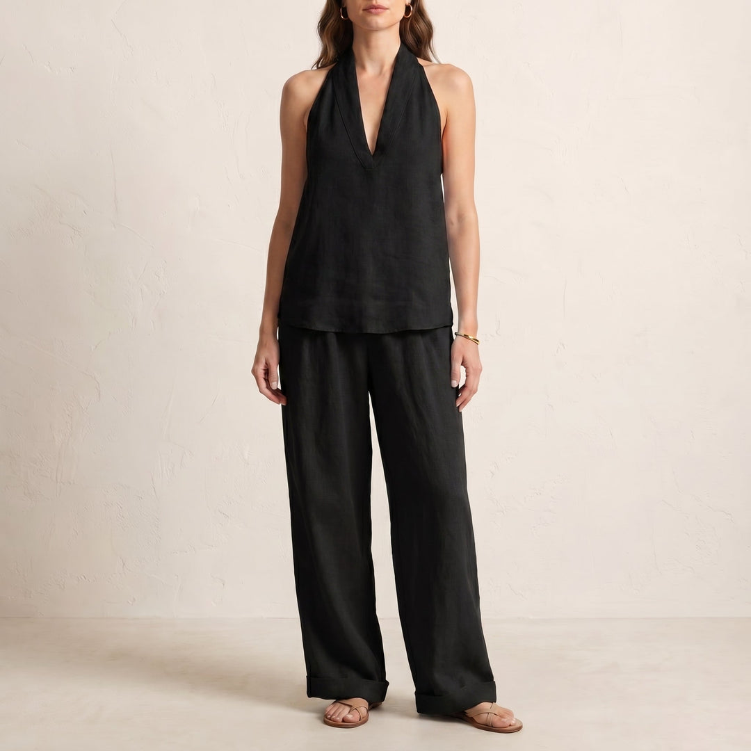 Duttini | Flowing Relaxed Two-Piece Halter V-Neck Set With Wide-Leg Pants