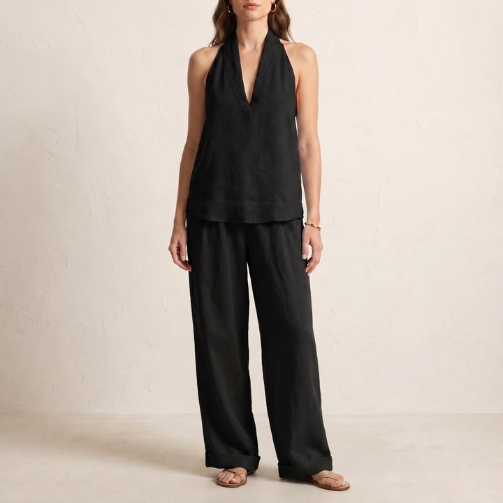 Duttini | Flowing Relaxed Two-Piece Halter V-Neck Set With Wide-Leg Pants
