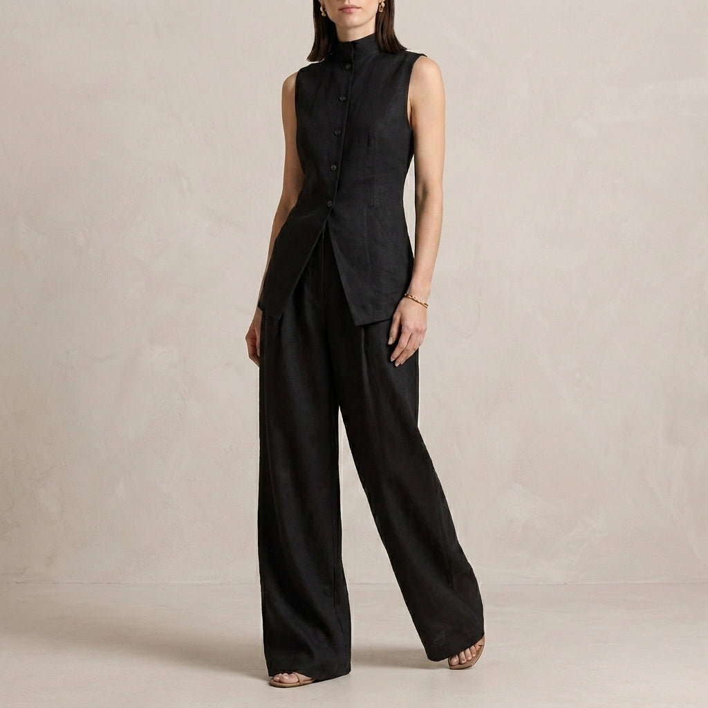 Duttini | Sophisticated Sleeveless High-Neck Two-Piece Set With Flowing Wide-Leg Trousers