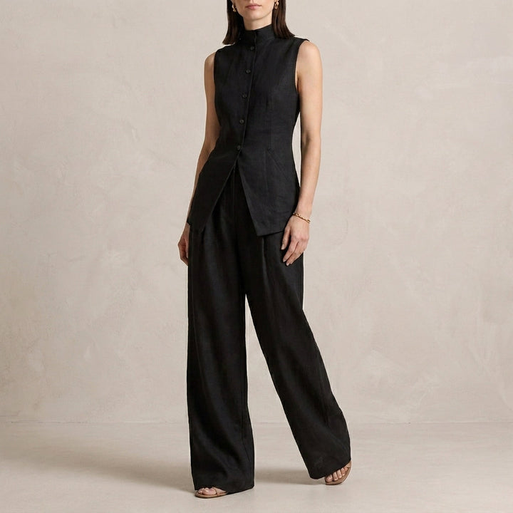 Duttini | Sophisticated Sleeveless High-Neck Two-Piece Set With Flowing Wide-Leg Trousers