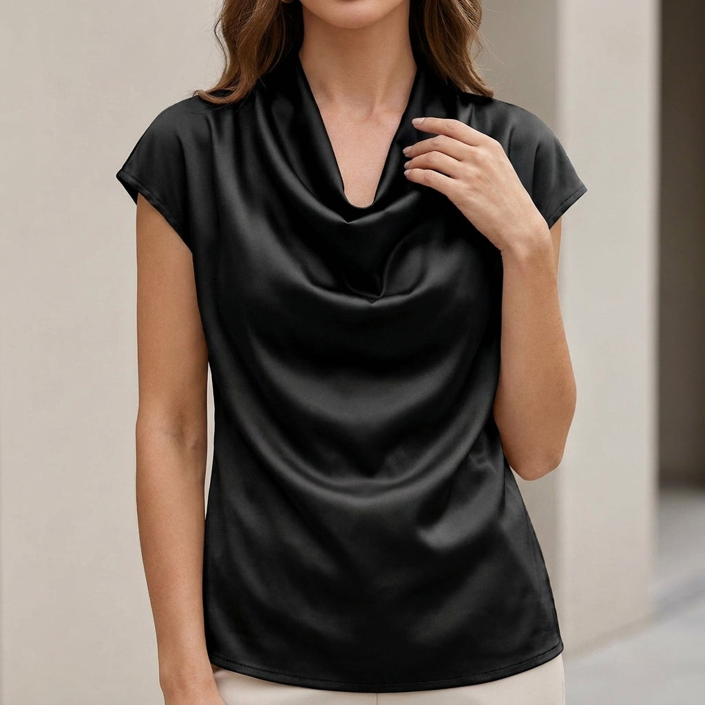 Duttini | Chic Relaxed Fit Cowl Neck Blouse With Draped Waterfall Silhouette