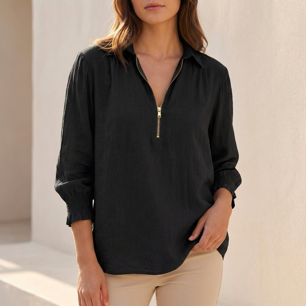 Duttini | Modern Linen Oversized Zip-Up Blouse With Gathered Cuffs And Relaxed Silhouette