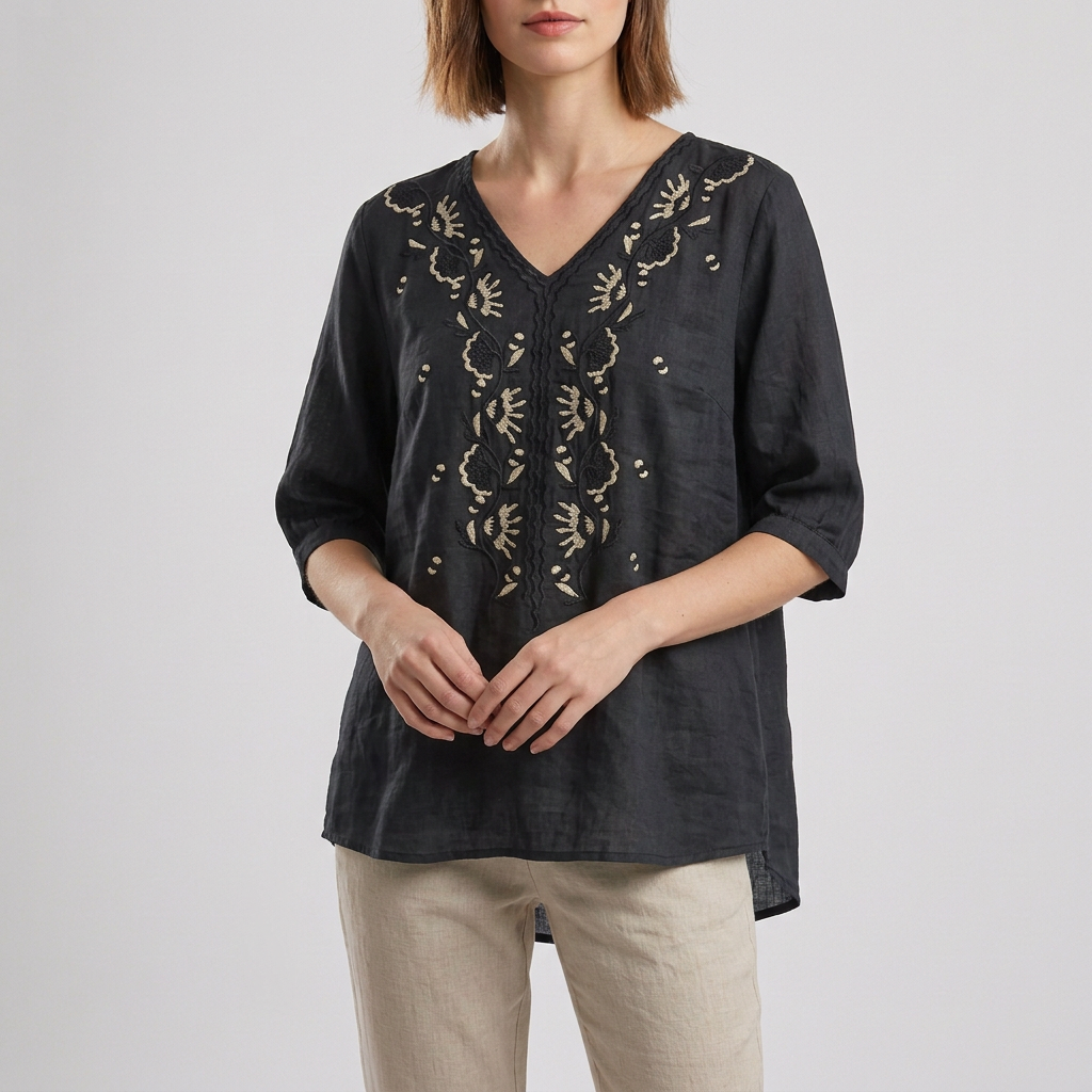 Duttini | Refined Relaxed V-Neck Blouse With Embroidered Floral Accents And High-Low Hem