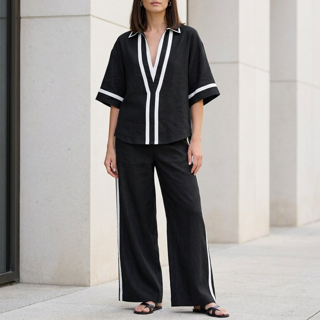 Duttini | Modern Coastal Chic Contrast Trim Top And Wide-Leg Pants Set