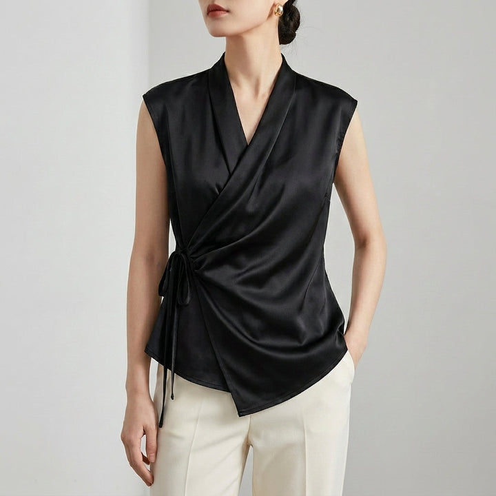 Duttini | Refined Tailored Sleeveless Wrap Blouse With Pleated Draping And Side Tie Closure
