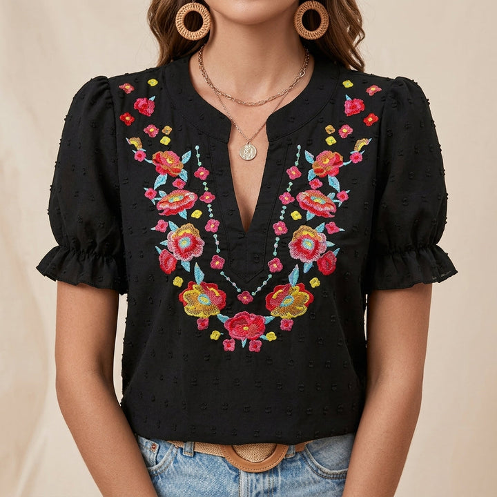 Duttini | Graceful Embroidered Floral Notch Neckline Blouse With Puff Sleeve Detail
