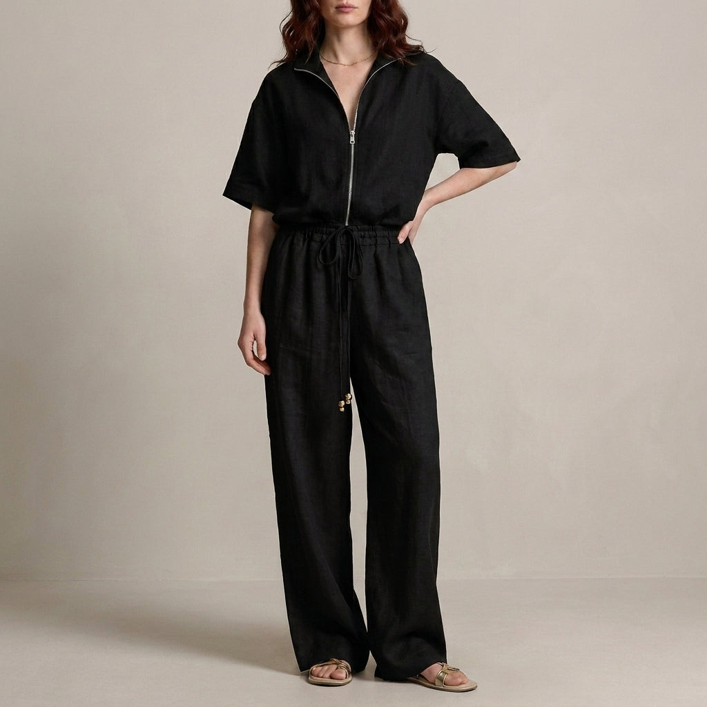 Duttini | Effortless Zip-Neck Top And Wide-Leg Trouser Set