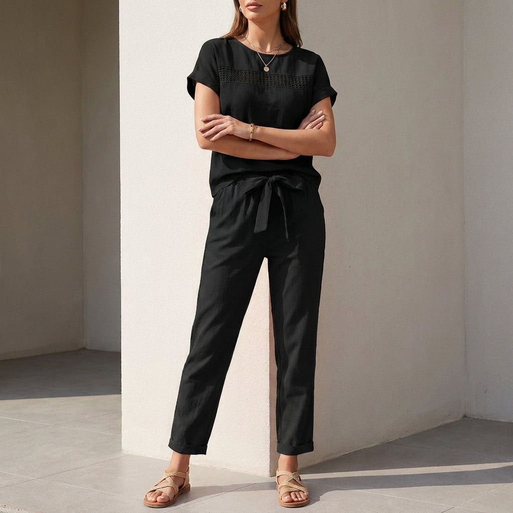 Duttini | Lightweight Woven Two-Piece Set With Mesh Accents And Self-Tie Waist