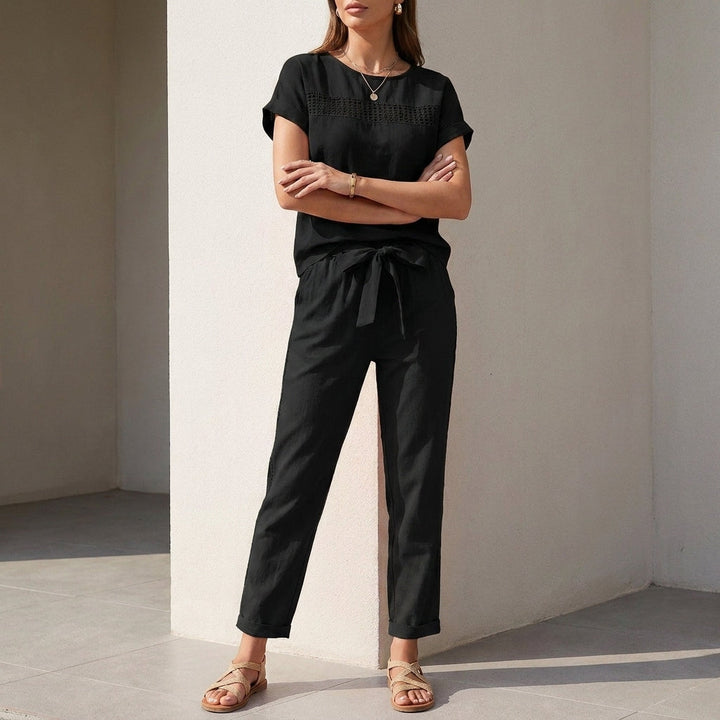 Duttini | Lightweight Woven Two-Piece Set With Mesh Accents And Self-Tie Waist