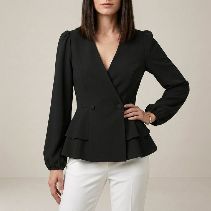 Duttini | Sculpted Tailored Peplum Wrap Blouse With Statement Sleeves