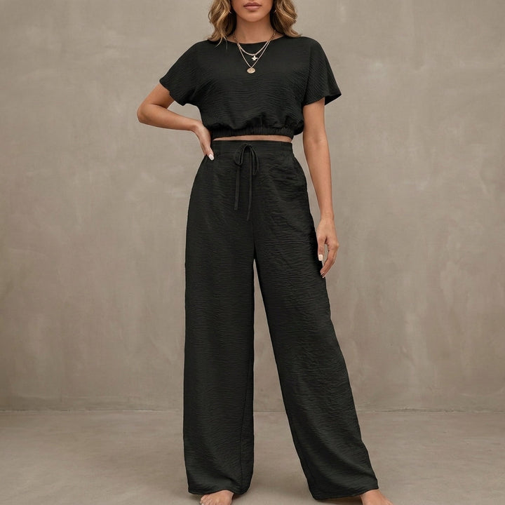 Duttini | Timeless Coastal Breeze Textured Two-Piece Lounge Set With Wide-Leg Pants